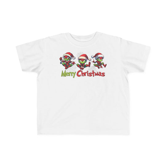 Spider Toddler Tee featuring green cartoon characters with Santa hats and cobwebs, Merry Christmas text; soft, durable, ideal for toddlers.