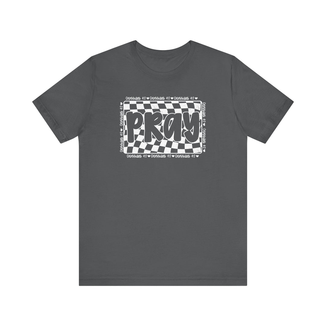 Grey Pray Tee featuring a black and white design, classic fit with ribbed collar, soft cotton fabric, and durable construction for lasting wear.