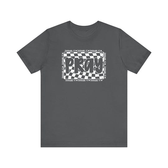 Grey Pray Tee featuring a black and white design, classic fit with ribbed collar, soft cotton fabric, and durable construction for lasting wear.