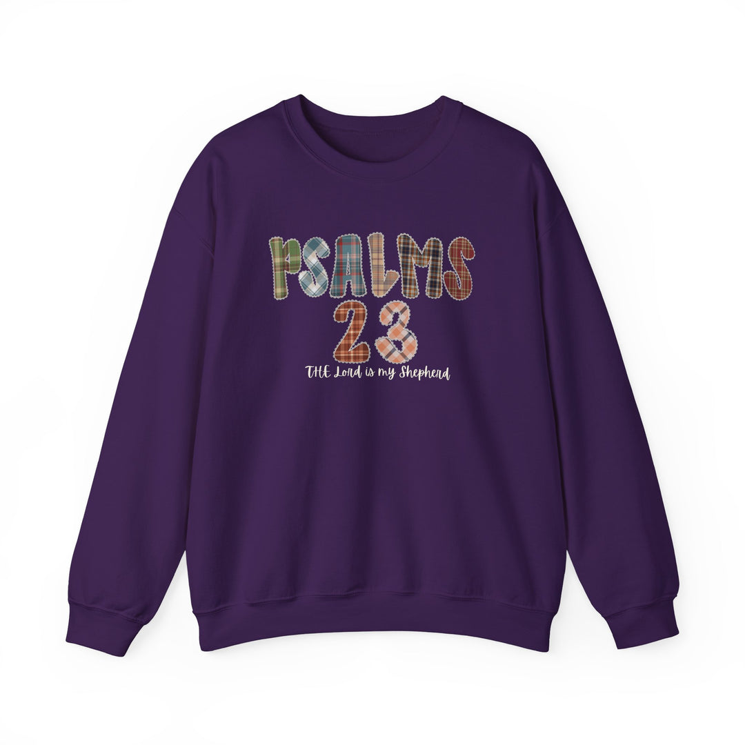 Purple crewneck sweatshirt with PSALMS 23 plaid print and The Lord is my Shepherd script, embodying Faith Family Designs' unique, comfortable style.