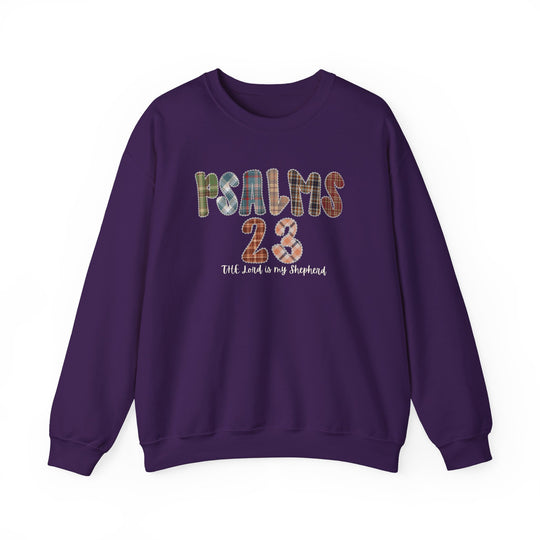 Purple crewneck sweatshirt with PSALMS 23 plaid print and The Lord is my Shepherd script, embodying Faith Family Designs' unique, comfortable style.