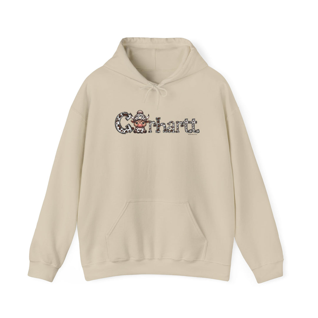 A white Cowhartt Cow Hoodie, a blend of cotton and polyester, featuring a logo of a cartoon cow with a hat. Unisex, classic fit, with kangaroo pocket and drawstring hood. Medium-heavy fabric, tear-away label.