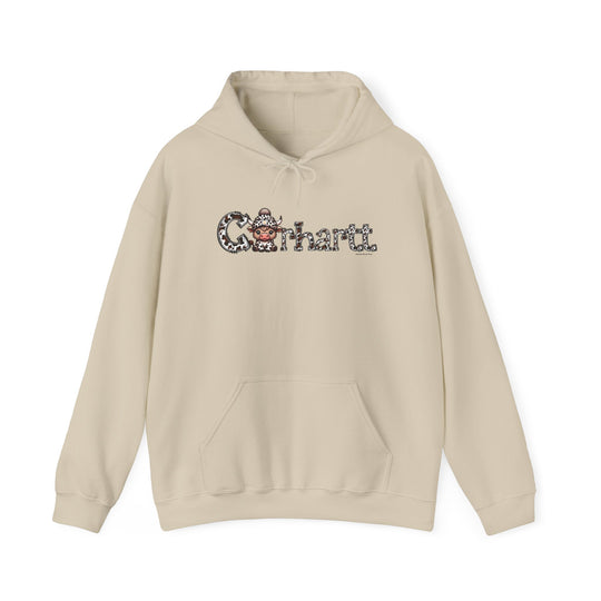 A white Cowhartt Cow Hoodie, a blend of cotton and polyester, featuring a logo of a cartoon cow with a hat. Unisex, classic fit, with kangaroo pocket and drawstring hood. Medium-heavy fabric, tear-away label.