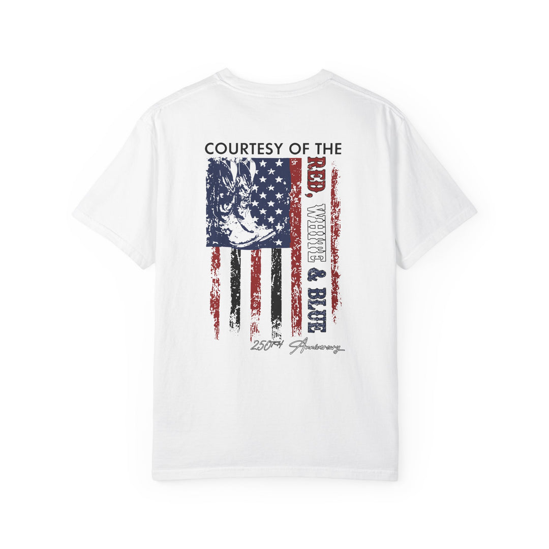 Back view of the Courtesy of the USA Tee featuring a distressed vertical American flag graphic and 250th Anniversary script on soft, durable cotton.
