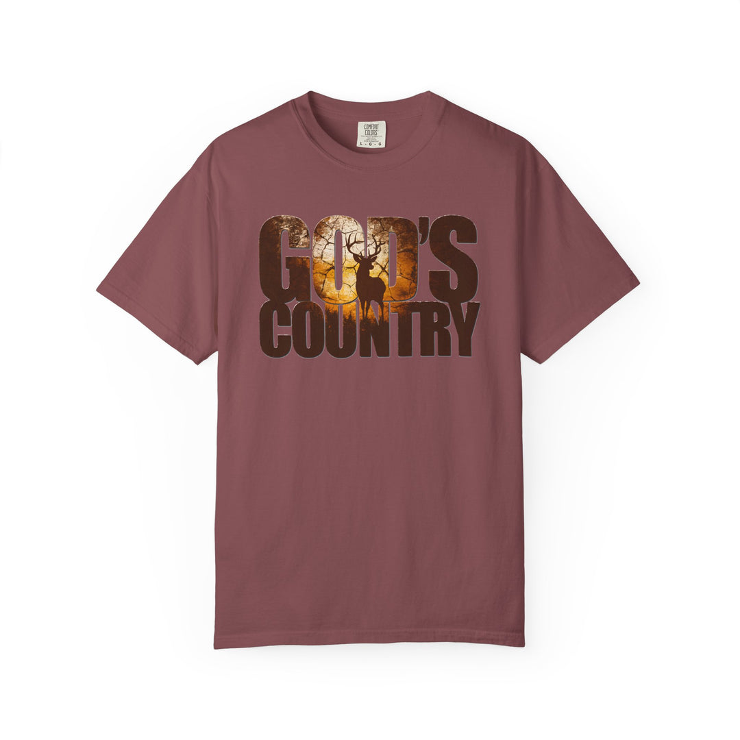 Maroon God's Country tee featuring deer silhouette and forest scene graphic, made from soft, durable 100% ring-spun cotton, relaxed fit with crew neckline.