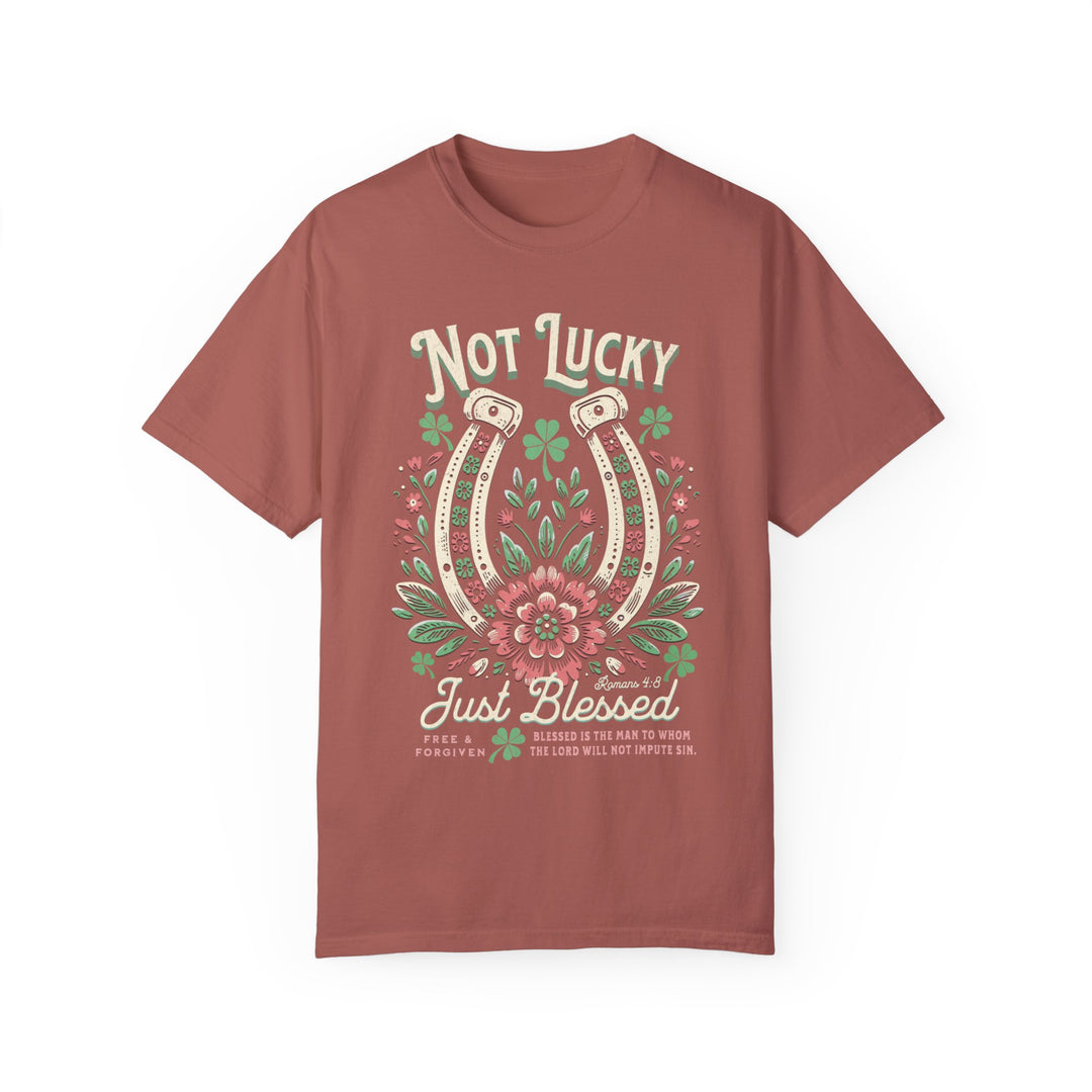 Blessed Tee: Red t-shirt featuring a horseshoe graphic, crafted from 100% ring-spun cotton for comfort and durability, ideal for casual and unique style.