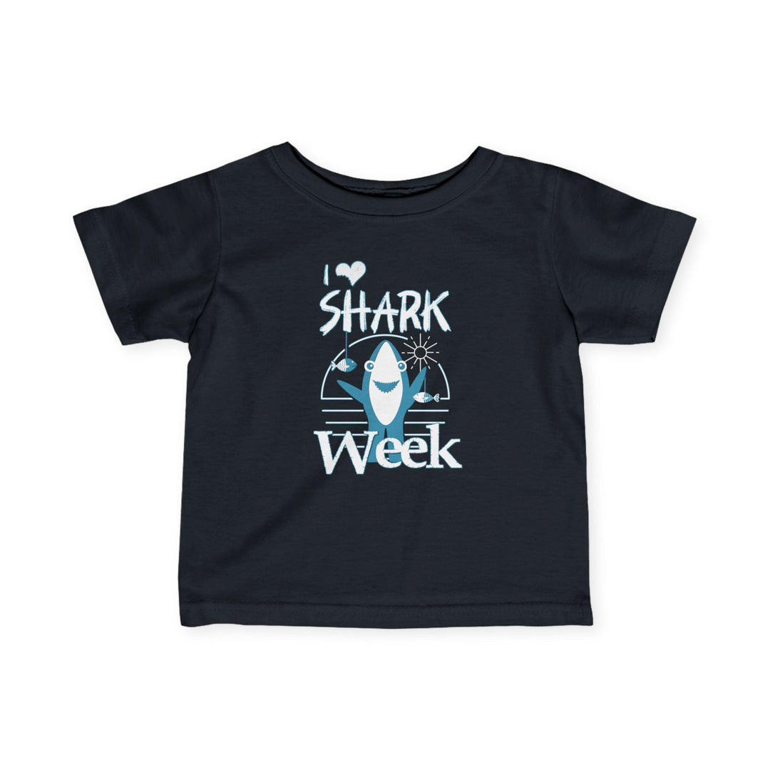 I Love Shark Week Baby Tee for infants, featuring durable side seams and ribbed knitting for a comfortable fit, perfect for young toddlers.