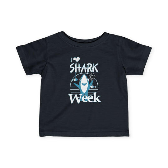 I Love Shark Week Baby Tee for infants, featuring durable side seams and ribbed knitting for a comfortable fit, perfect for young toddlers.