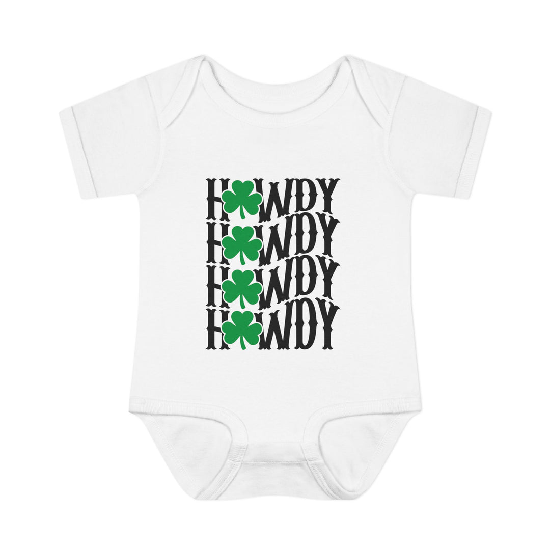 Howdy Lucky Onesie featuring black text and green clovers on a white baby bodysuit, crafted from soft ring-spun cotton for infant comfort.