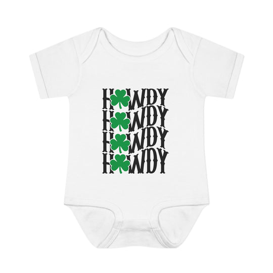 Howdy Lucky Onesie featuring black text and green clovers on a white baby bodysuit, crafted from soft ring-spun cotton for infant comfort.