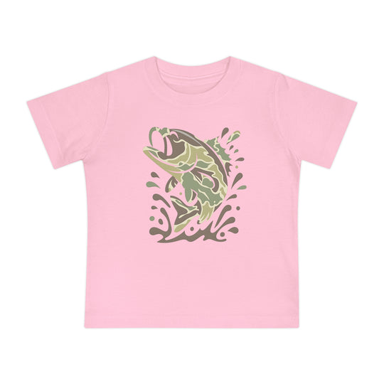 Camo Fish Baby Tee: Light pink kids' T-shirt with a stylized bass in camouflage pattern leaping from water. Soft, shrink-resistant, 100% cotton, available in baby sizes.