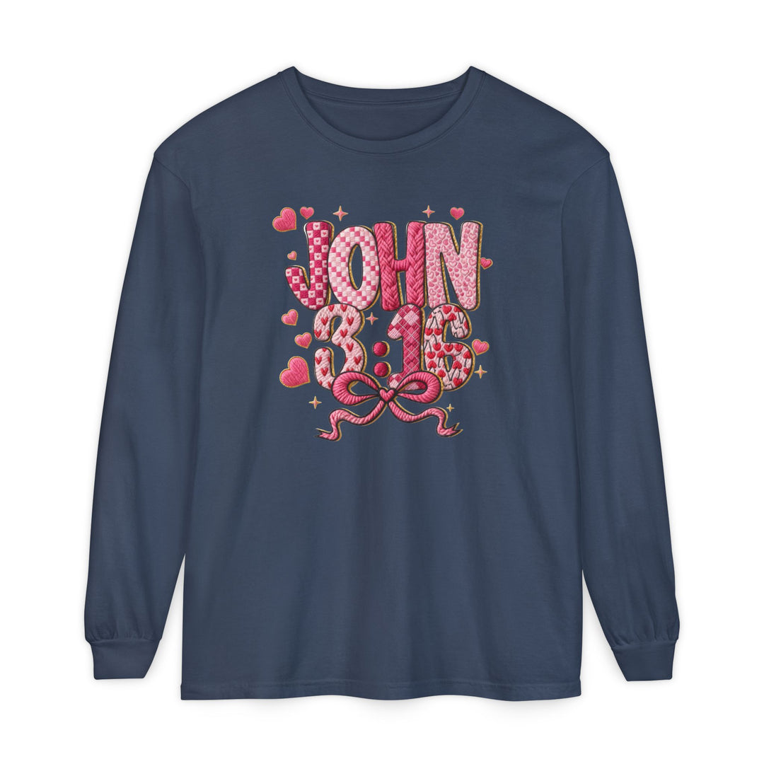 Navy 3:16 Long Sleeve Tee with heart-patterned John 3:16 graphic, featuring a relaxed fit in soft, 100% ring-spun cotton.