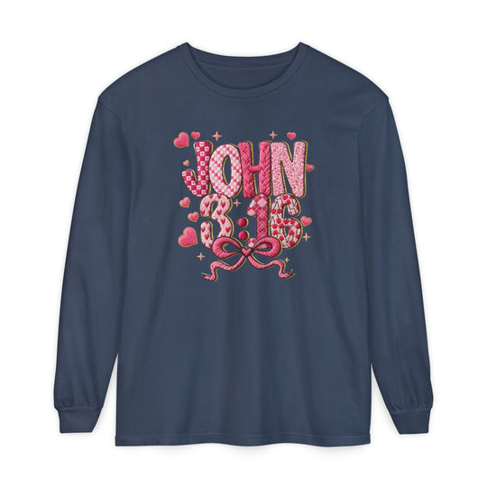 Navy 3:16 Long Sleeve Tee with heart-patterned John 3:16 graphic, featuring a relaxed fit in soft, 100% ring-spun cotton.