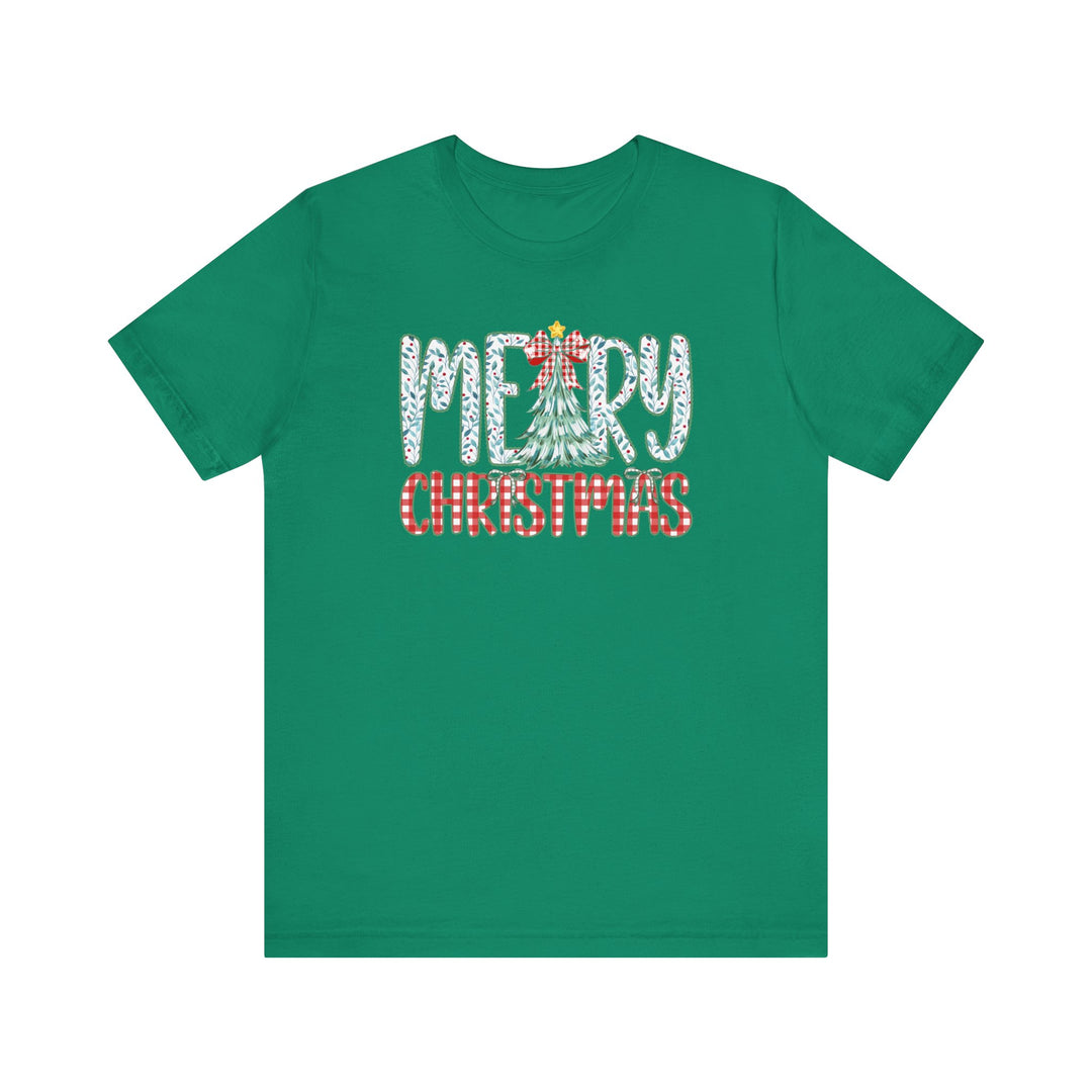 Tree Christmas Tee with MERRY in holly-leaf pattern, CHRISTMAS in gingham candy-cane stripes; festive unisex short-sleeve, soft cotton shirt from Faith Family Designs.