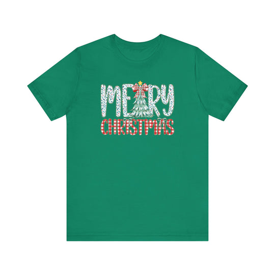 Tree Christmas Tee with MERRY in holly-leaf pattern, CHRISTMAS in gingham candy-cane stripes; festive unisex short-sleeve, soft cotton shirt from Faith Family Designs.