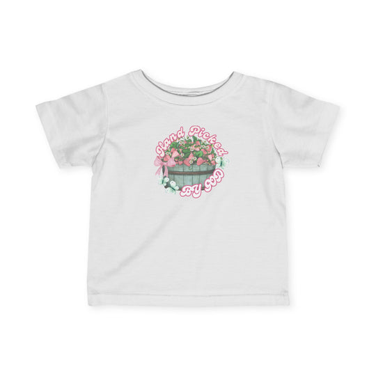 Hand Picked by GOD Baby Tee with side seams, ribbed knitting, and taped shoulders for comfort and durability. Available in multiple infant sizes.