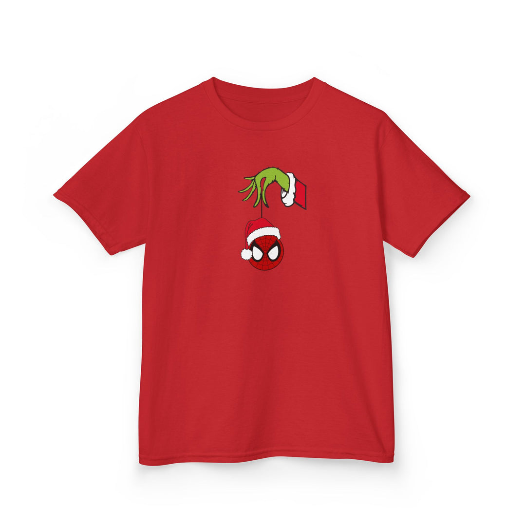 Spider Ball Christmas Kids Tee features a green, furry hand with a red cuff holding a spider-webbed mask ornament in a Santa hat, on bright red cotton.