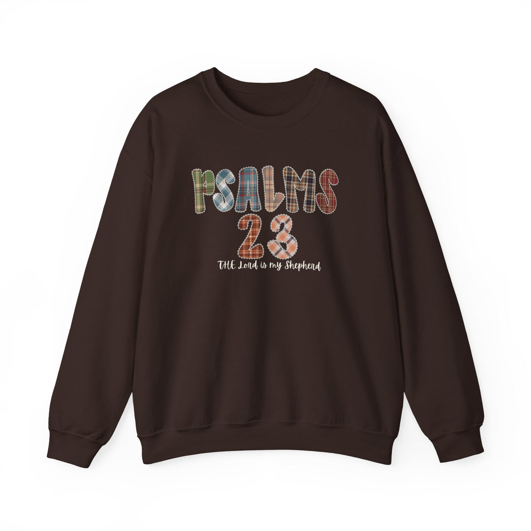 Dark brown Psalms 23 Hoodie with patchwork-style graphic, featuring “PSALMS 23” and “The Lord is my Shepherd” beneath, offering cozy comfort and durability.