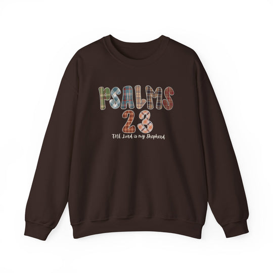 Dark brown Psalms 23 Hoodie with patchwork-style graphic, featuring “PSALMS 23” and “The Lord is my Shepherd” beneath, offering cozy comfort and durability.