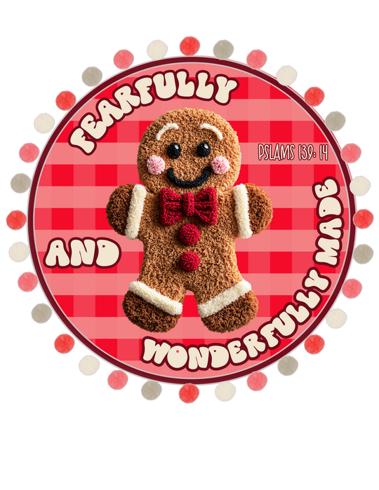 Wonderfully Made Hoodie featuring a smiling gingerbread-man cookie graphic and inspiring text, combining warmth and style with a cozy cotton-polyester blend.