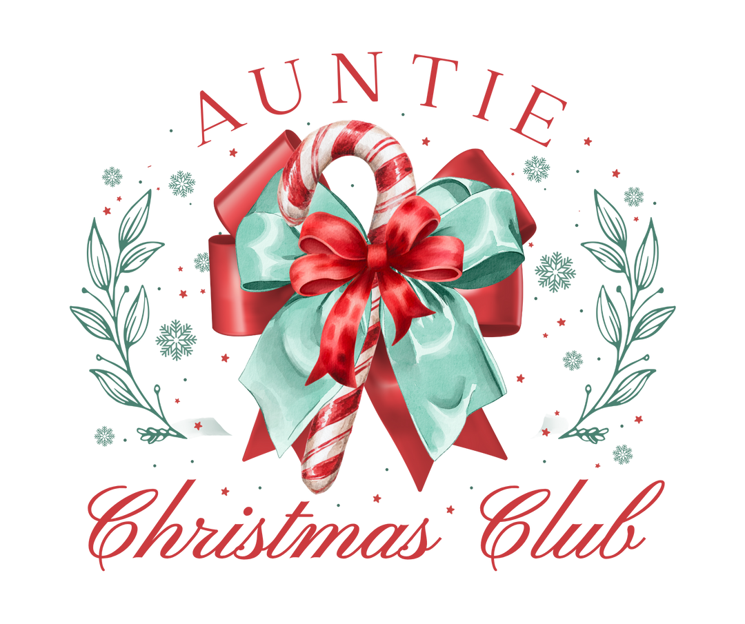 Auntie Christmas Club Hoodie featuring a festive candy cane design with bows, sprigs, snowflakes, and stars, offering cozy comfort with its cotton-polyester blend.