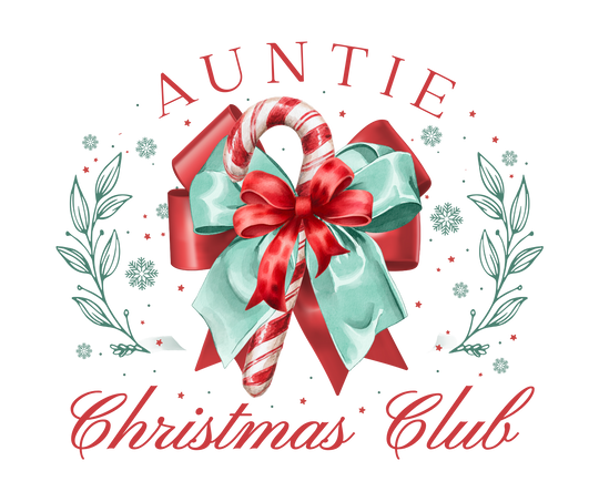 Auntie Christmas Club Hoodie featuring a festive candy cane design with bows, sprigs, snowflakes, and stars, offering cozy comfort with its cotton-polyester blend.