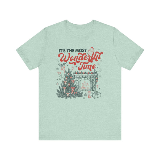 Most Wonderful Time of the Year Tee featuring a festive Christmas scene with a tree, fireplace, and holiday icons, showcasing Faith Family Designs' unique graphic t-shirts.