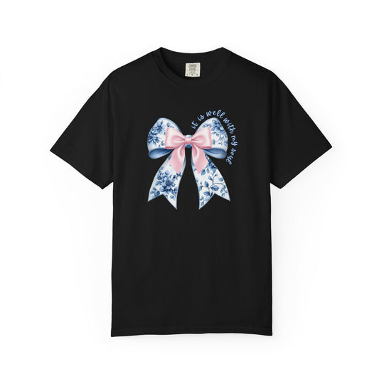 It is Well With My Soul Tee featuring a decorative bow with blue floral and pink details, emphasizing comfort and style from Faith Family Designs.