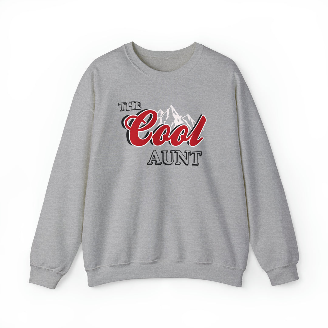 A unisex heavy blend crewneck sweatshirt, The Cool Aunt Crew, in grey with a graphic design. Made of 50% cotton, 50% polyester, ribbed knit collar, loose fit, and no itchy side seams. Ideal comfort for all.