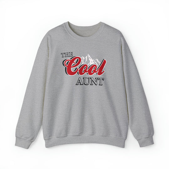A unisex heavy blend crewneck sweatshirt, The Cool Aunt Crew, in grey with a graphic design. Made of 50% cotton, 50% polyester, ribbed knit collar, loose fit, and no itchy side seams. Ideal comfort for all.