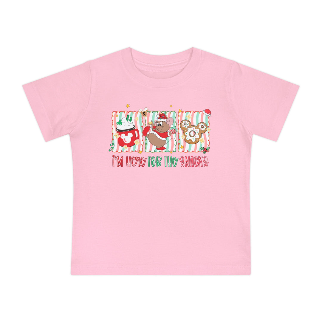 Here for the Snacks Baby Tee featuring festive Mickey-inspired snacks and playful caption, perfect for stylish infants.
