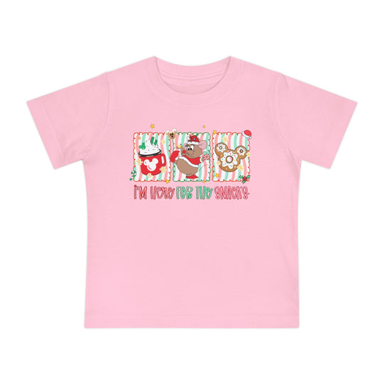 Here for the Snacks Baby Tee featuring festive Mickey-inspired snacks and playful caption, perfect for stylish infants.