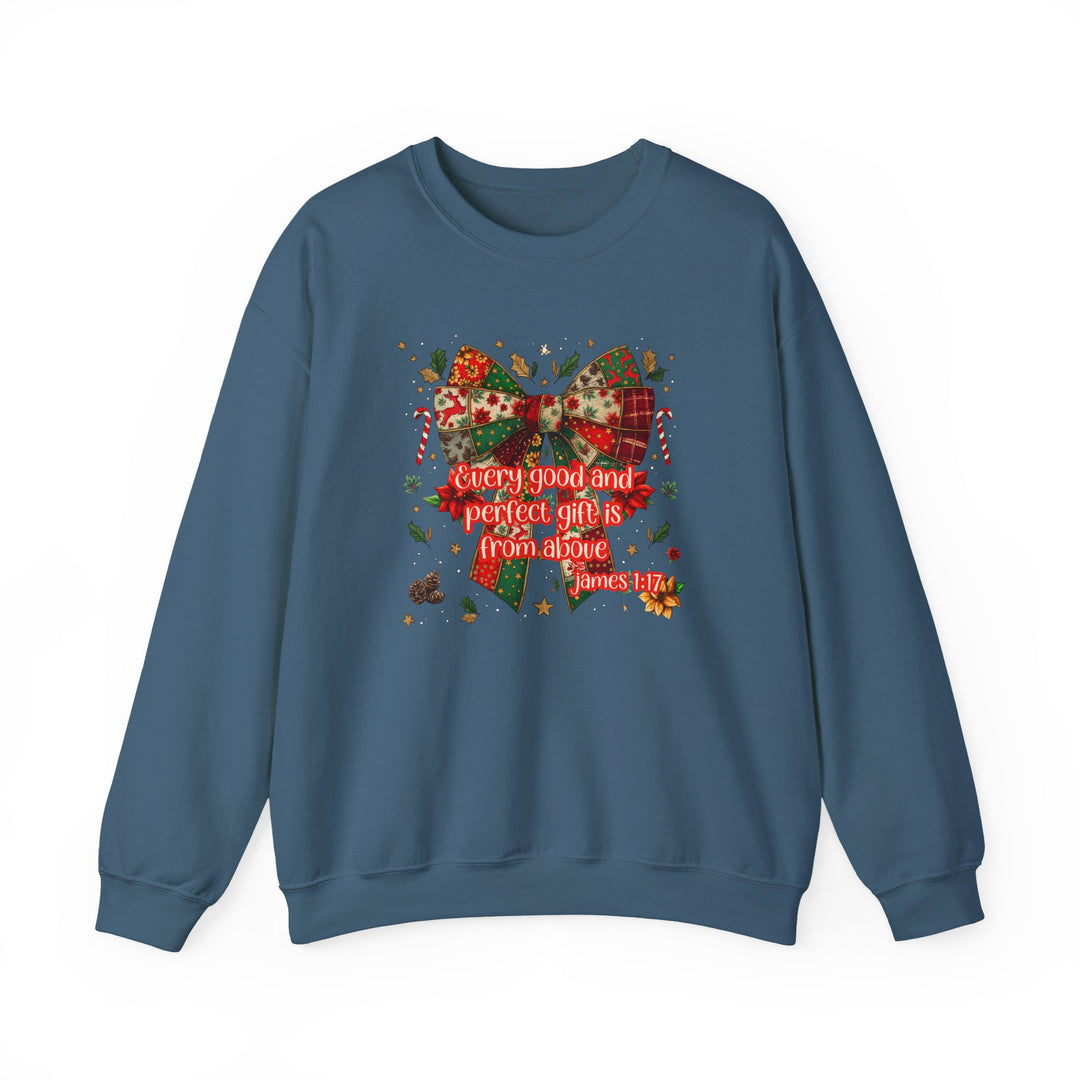The Gift from Above Crew sweatshirt features a festive patchwork-style bow with holly, candy canes, and James 1:17 verse in bright red lettering.
