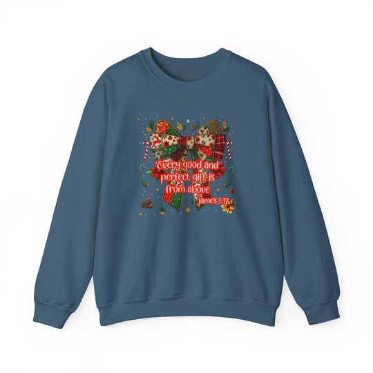 The Gift from Above Crew sweatshirt features a festive patchwork-style bow with holly, candy canes, and James 1:17 verse in bright red lettering.