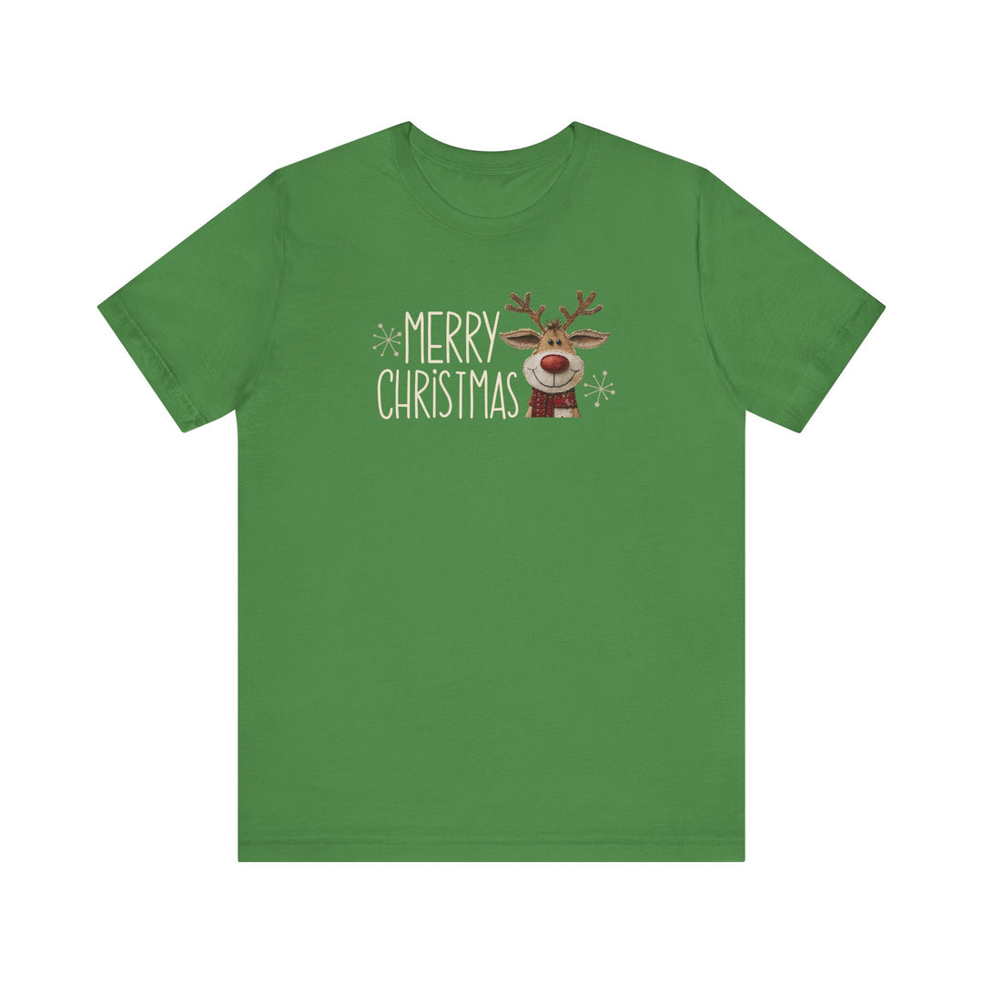 Merry Christmas Reindeer Tee featuring a hand-lettered design with a cartoon reindeer and snowflakes on a soft, unisex green T-shirt.
