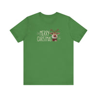 Merry Christmas Reindeer Tee featuring a hand-lettered design with a cartoon reindeer and snowflakes on a soft, unisex green T-shirt.