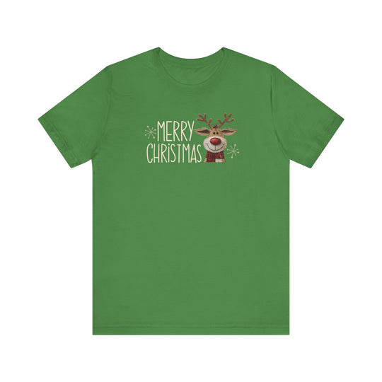 Merry Christmas Reindeer Tee featuring a hand-lettered design with a cartoon reindeer and snowflakes on a soft, unisex green T-shirt.