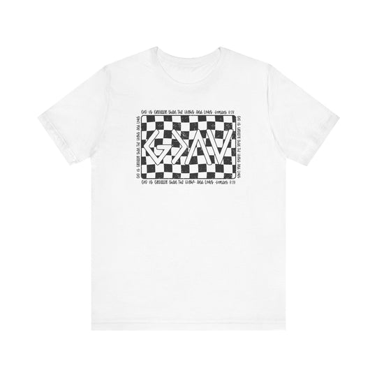 God Highs and Lows Tee: A white t-shirt featuring a black and white checkered design, offering a soft, comfortable fit with ribbed knit collars and durable seams.