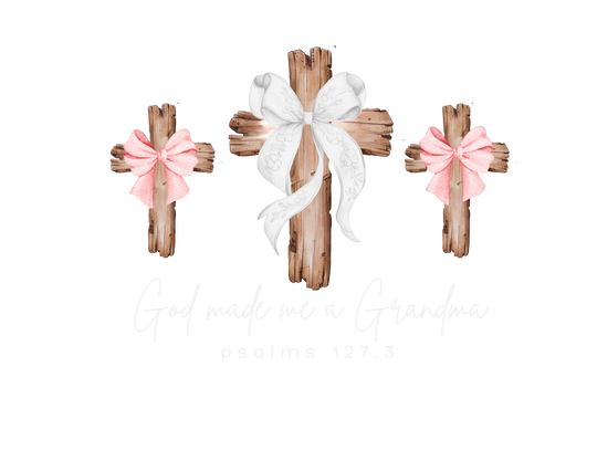 God Made Me a Grandma Crew sweatshirt featuring three rustic wooden crosses with ribbon bows and a cursive phrase, highlighting comfort and unique design.
