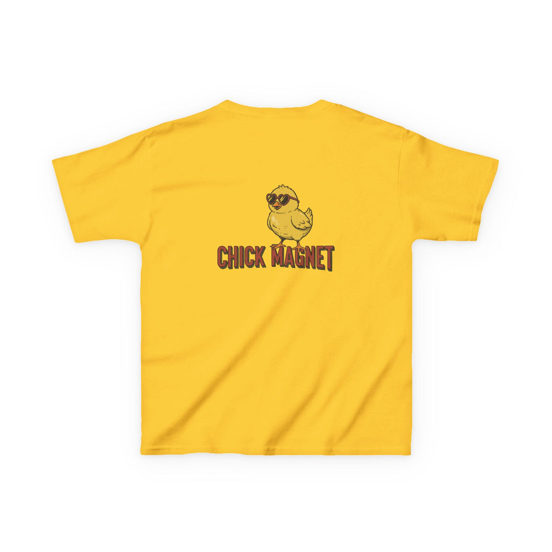 Chick Magnet Kids Tee: Bright yellow T-shirt featuring a cartoon chick in heart-shaped sunglasses and CHICK MAGNET slogan, perfect for everyday wear.