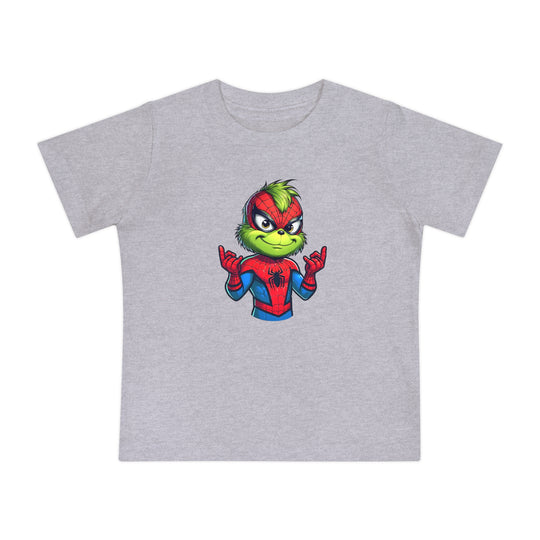 Spider Baby Tee: Light-gray t-shirt featuring a Grinch-like creature in a Spider-Man suit, striking a web-shooting pose. Soft, durable, and perfect for stylish baby steps.