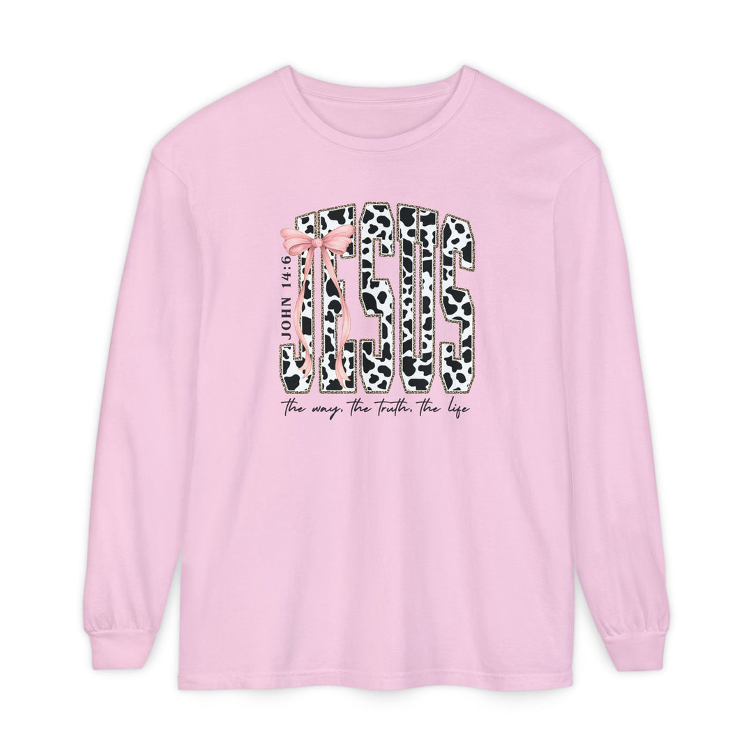 John 14:6 Long Sleeve Tee featuring JESUS in animal print with a pink bow and verse reference, crafted from soft, garment-dyed cotton for a relaxed fit.