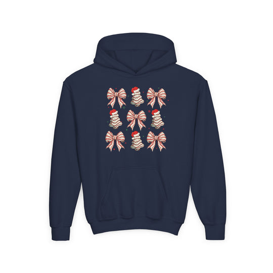 Cookies and Bows Youth Hoodie featuring festive candy-cane bows and Christmas tree motifs, with Santa hats and stars, on a navy-blue background.