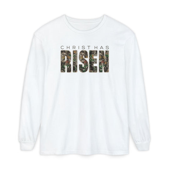 Christ has Risen Long Sleeve Tee with 'CHRIST HAS RISEN' slogan in black and camouflage block letters, offering a relaxed fit in 100% ring-spun cotton.
