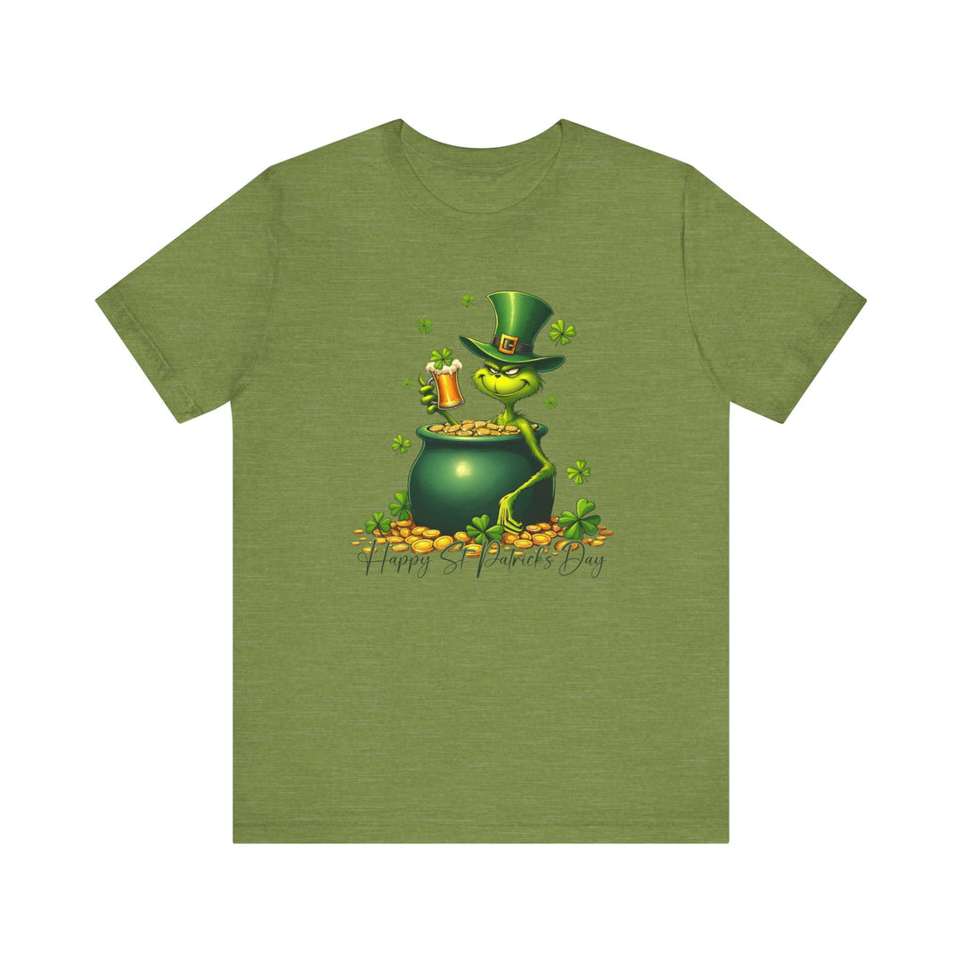 Grinchy St Patrick's Tee featuring a cartoon leprechaun and pot of gold on a green shirt, perfect for a playful, festive look.