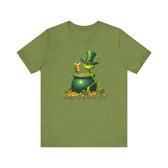 Grinchy St Patrick's Tee featuring a cartoon leprechaun and pot of gold on a green shirt, perfect for a playful, festive look.