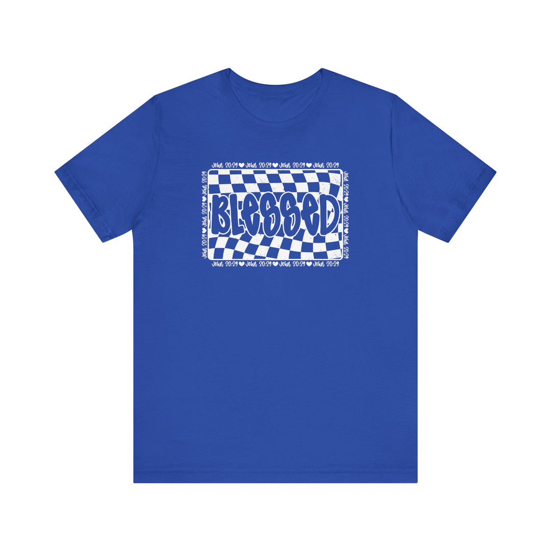 Blessed Tee: A blue t-shirt featuring a checkered pattern, crafted from soft cotton with ribbed knit collars and dual side seams for durability.