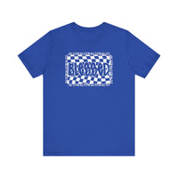 Blessed Tee: A blue t-shirt featuring a checkered pattern, crafted from soft cotton with ribbed knit collars and dual side seams for durability.