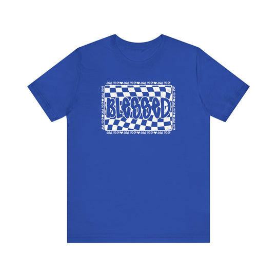 Blessed Tee: A blue t-shirt featuring a checkered pattern, crafted from soft cotton with ribbed knit collars and dual side seams for durability.