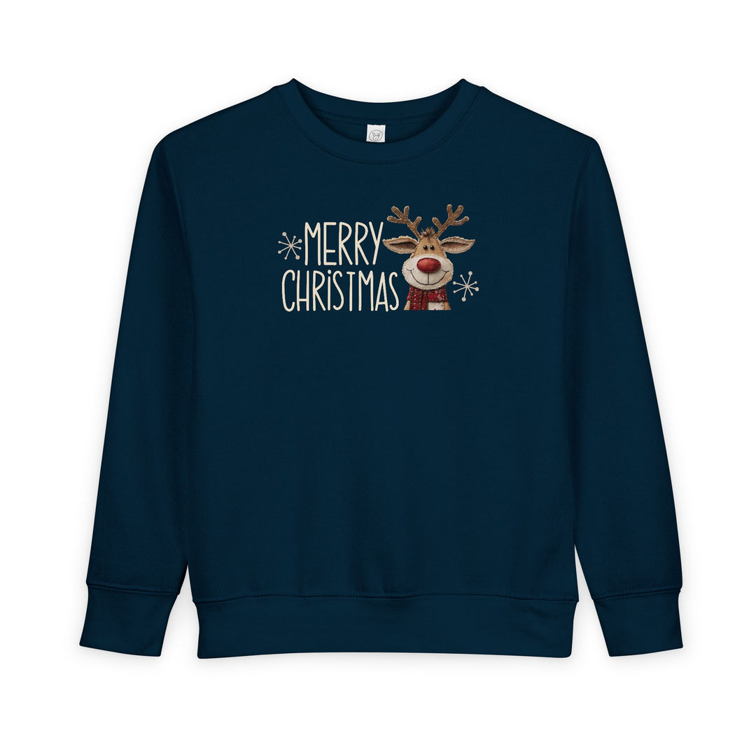 Merry Christmas Reindeer Toddler Crew: Dark-navy sweatshirt with smiling cartoon reindeer, red scarf, snowflakes, MERRY CHRISTMAS text; cozy cotton-poly blend for toddlers.
